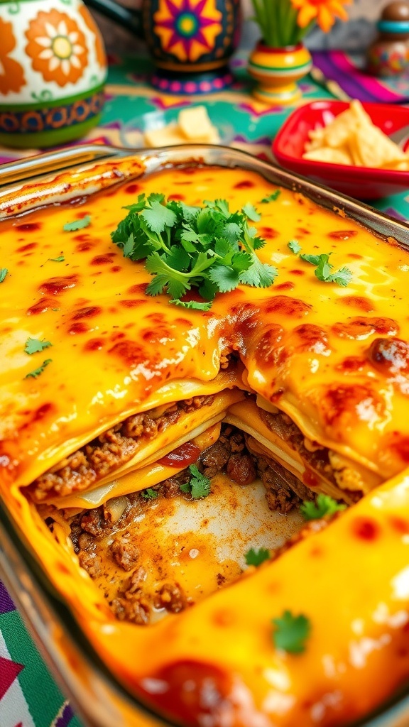 A delicious beef enchilada casserole with corn tortillas and melted cheese, garnished with cilantro, served in a rustic dish.